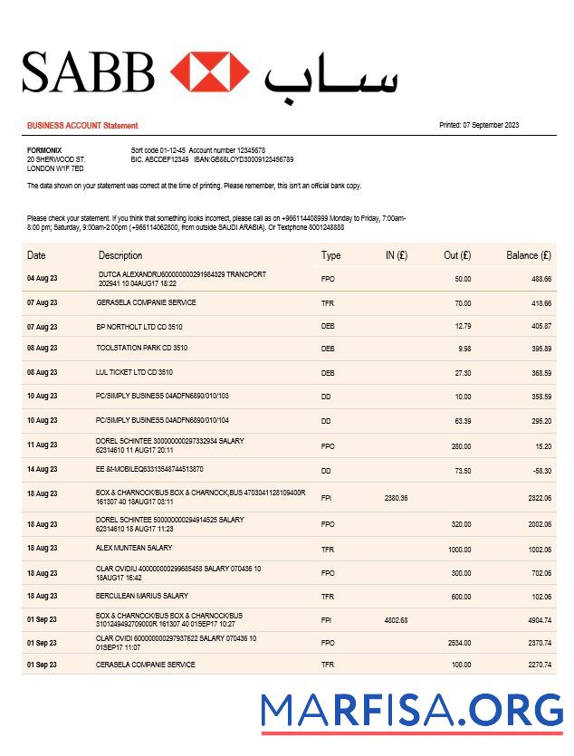 Downloadable SABB Bank company statement Word and PDF template